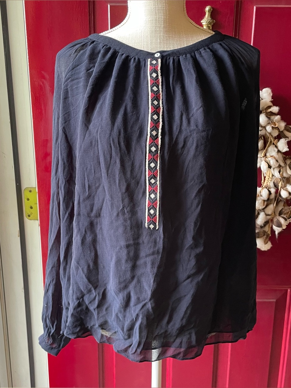 Zara Trafaluc Navy Peasant Women's Blouse with Embroidered Trim (Size XS)
